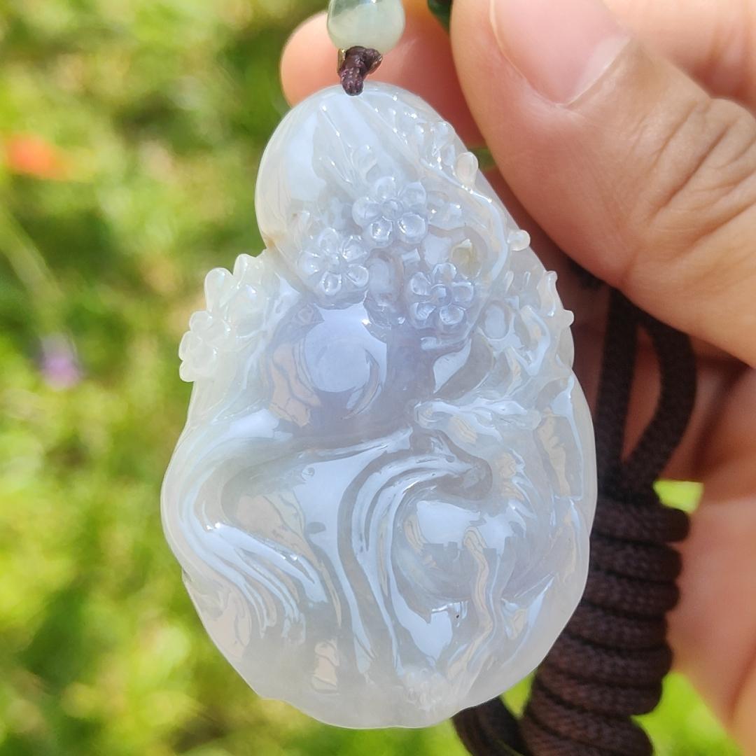 A Lavender with spread of brown and green patches Natural Type A Jadeite Jade Pendant Crafted with deer and flower, certificate weigh 24.4 grams, measurement 51.5 * 33.7 * 7.8 mm (pendant192)1