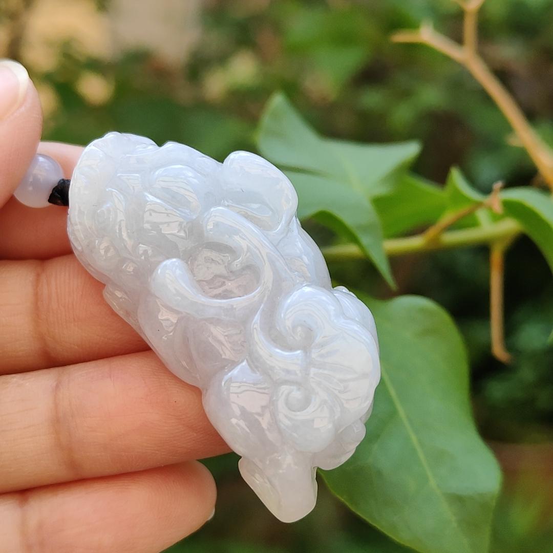 Light Lavender Natural Type A Jadeite Pendant carved as Pixiu with ruyi symbols of Joy and good luck, certificate included weigh 26.95 grams, 45.8 * 23.8 * 12.8 mm, suitable for daily wear boosting your luck (pendant75)