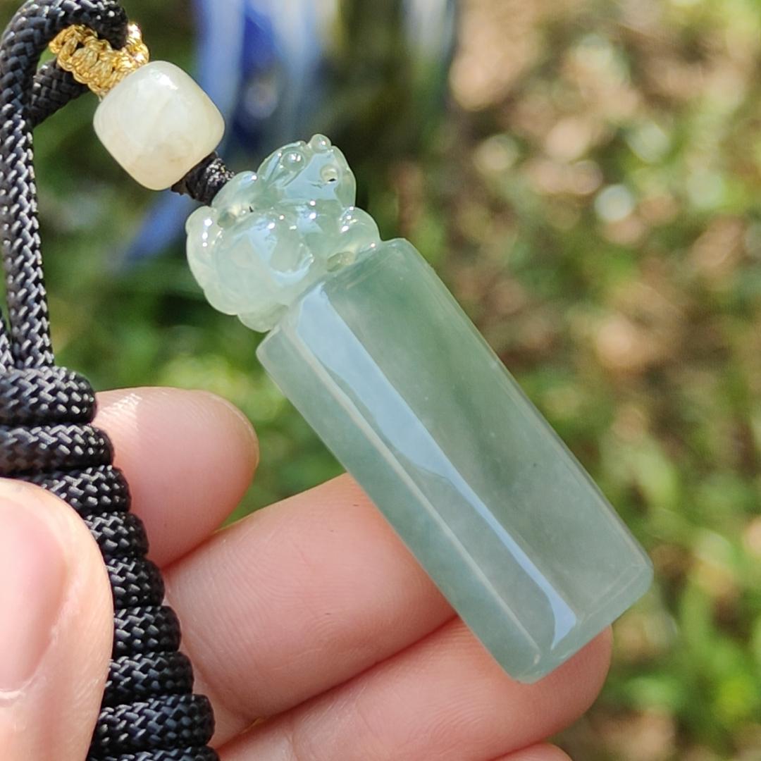 An Excellent Piece of Green Natural Type A Jadeite Pendant Necklace or Stamp crafted with Pixiu boosting Incoming Money and power with certificate weigh 13.16 grams, 41.2 * 13.6 * 8.7 mm , (pendant137)