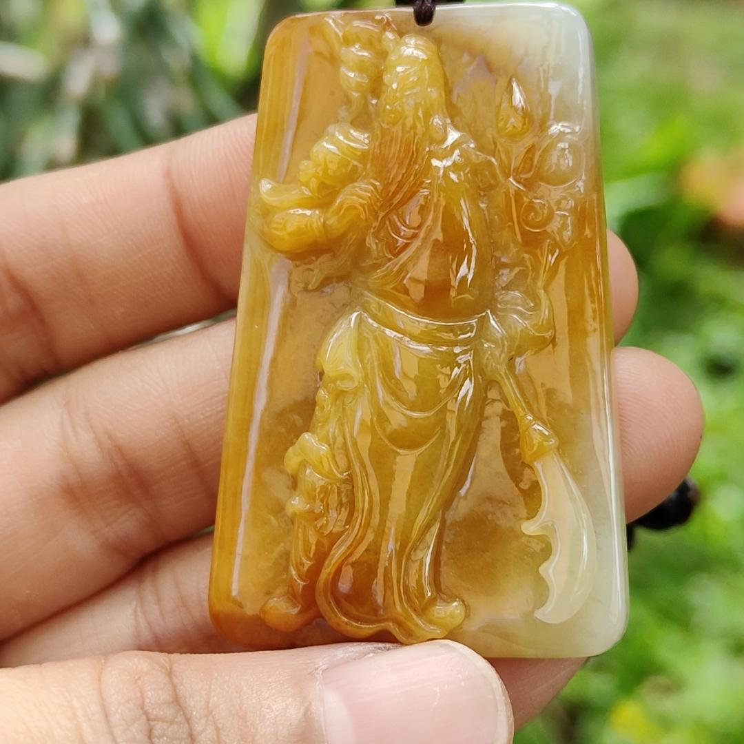 Rare Old Yellow with Red Natural Type A Jadeite Pendant Crafted with Guan Gong come with ceritificate weight 24.70 grams, 49.7 * 32 * 8 mm for Guan Gong collectors (pendant118)