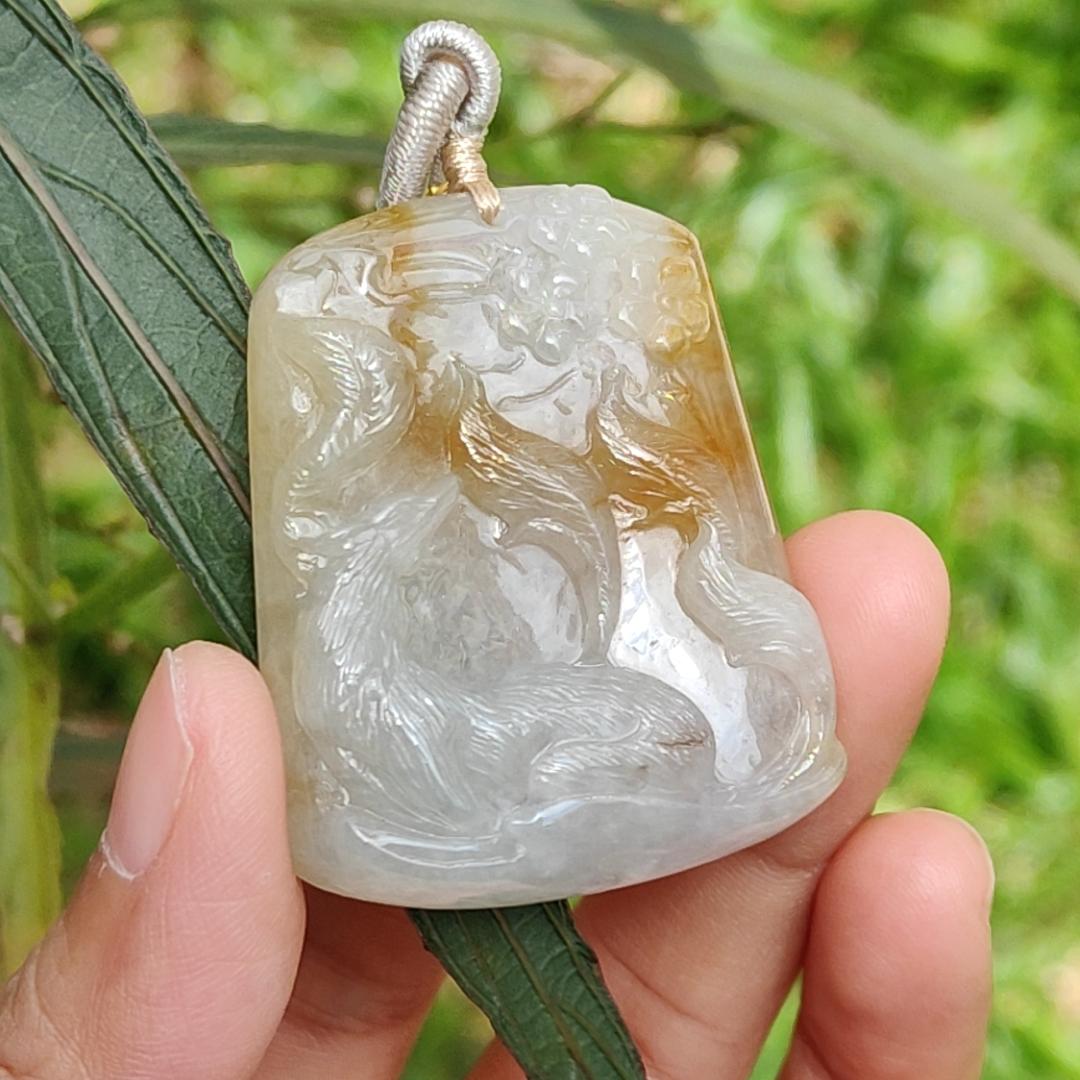 Yellow and White Semi Icy Natural Type A Jadeite Pendant Necklace crafted with nine tail fox symbols of Love, Charisma, and Good Luck, GIC Labs approved certificate included weigh 32.9 grams, 44 * 36 * 9 mm, suitable for daily wear