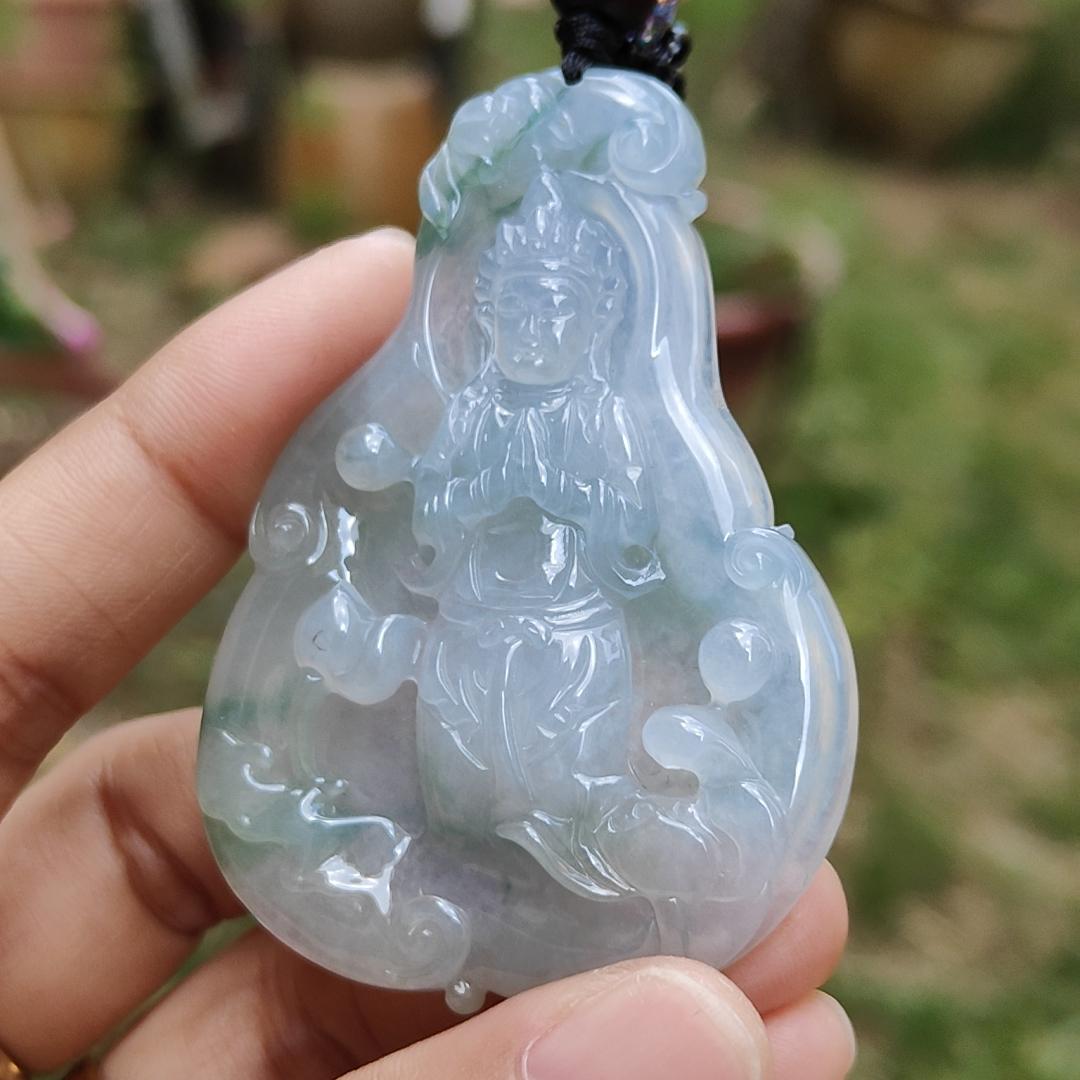 High Quality Light Lavender, Light Green with Yellow patches Natural Type A Jadeite Jade crafted with Guanyin as Pendant, certificate weigh 27.22 grams, measurement 63 * 44.3 * 6.8 mm (pendant229)