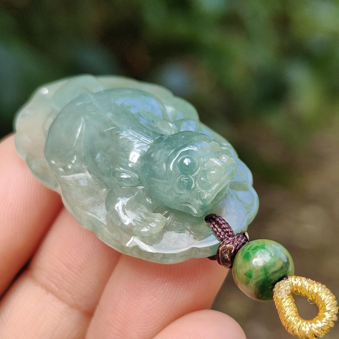 Green Natural Type A Jadeite Jade crafted with Pixiu as Pendant, certificate weighs 12.84 grams, measurement 40 * 23.8 * 10 mm (pendant251)