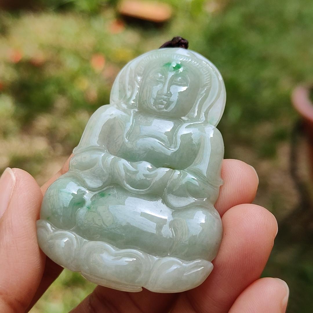 Light green with green patches Natural Type A Jadeite Jade crafted with Guanyin as Pendant with certificate weigh 17.28 grams, measurement 56.3 * 37.3 * 5.9 mm (pendant201)