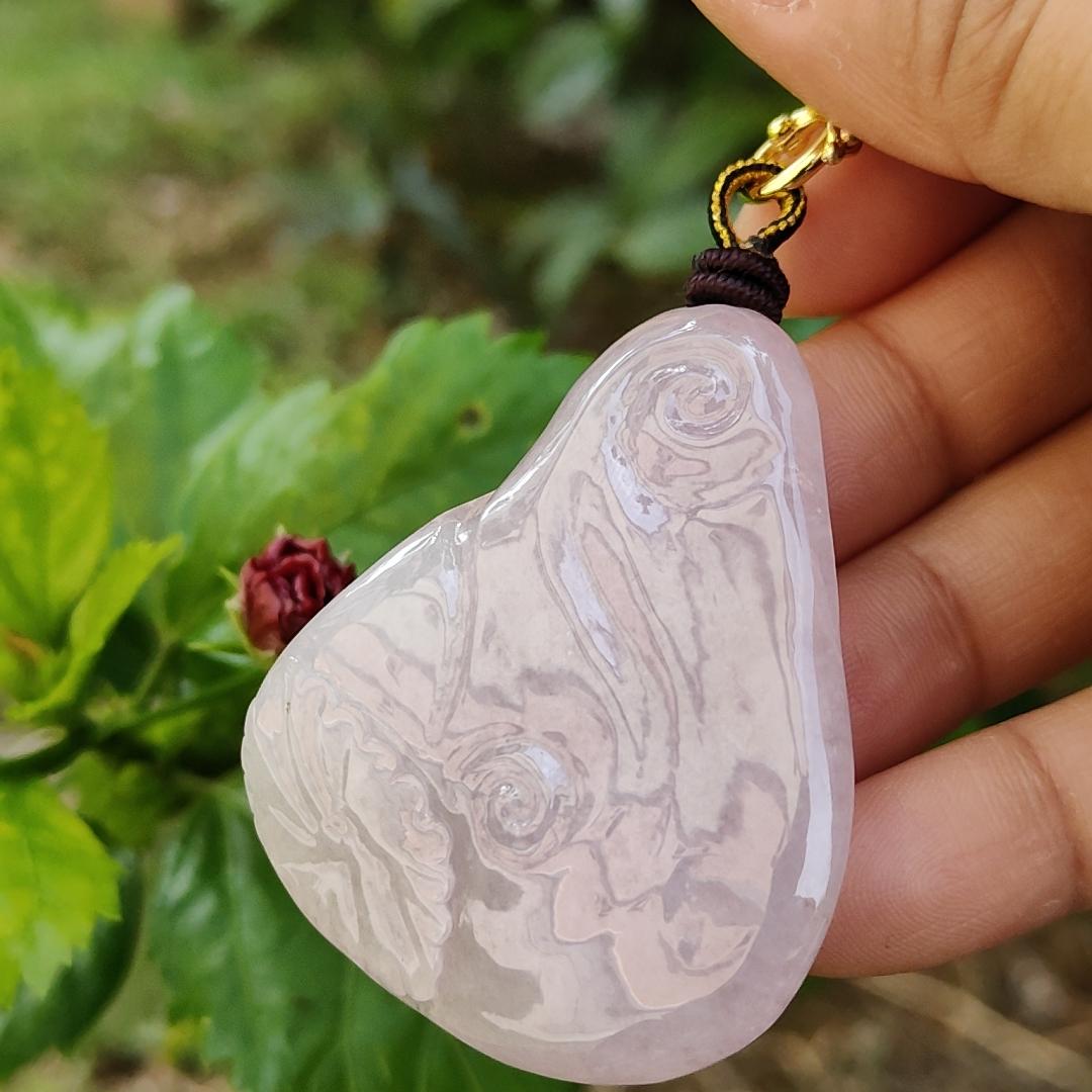 Very Rare Pinkish Lavender Natural Type A Pendant carved with lotus flower and fish with NGI Gemstone report weight 204.27 grams, 51.50 * 42.43 * 12.85 mm , Full Lavender Translucent fine grain crystal aggregate very rare pendant (pendant130)