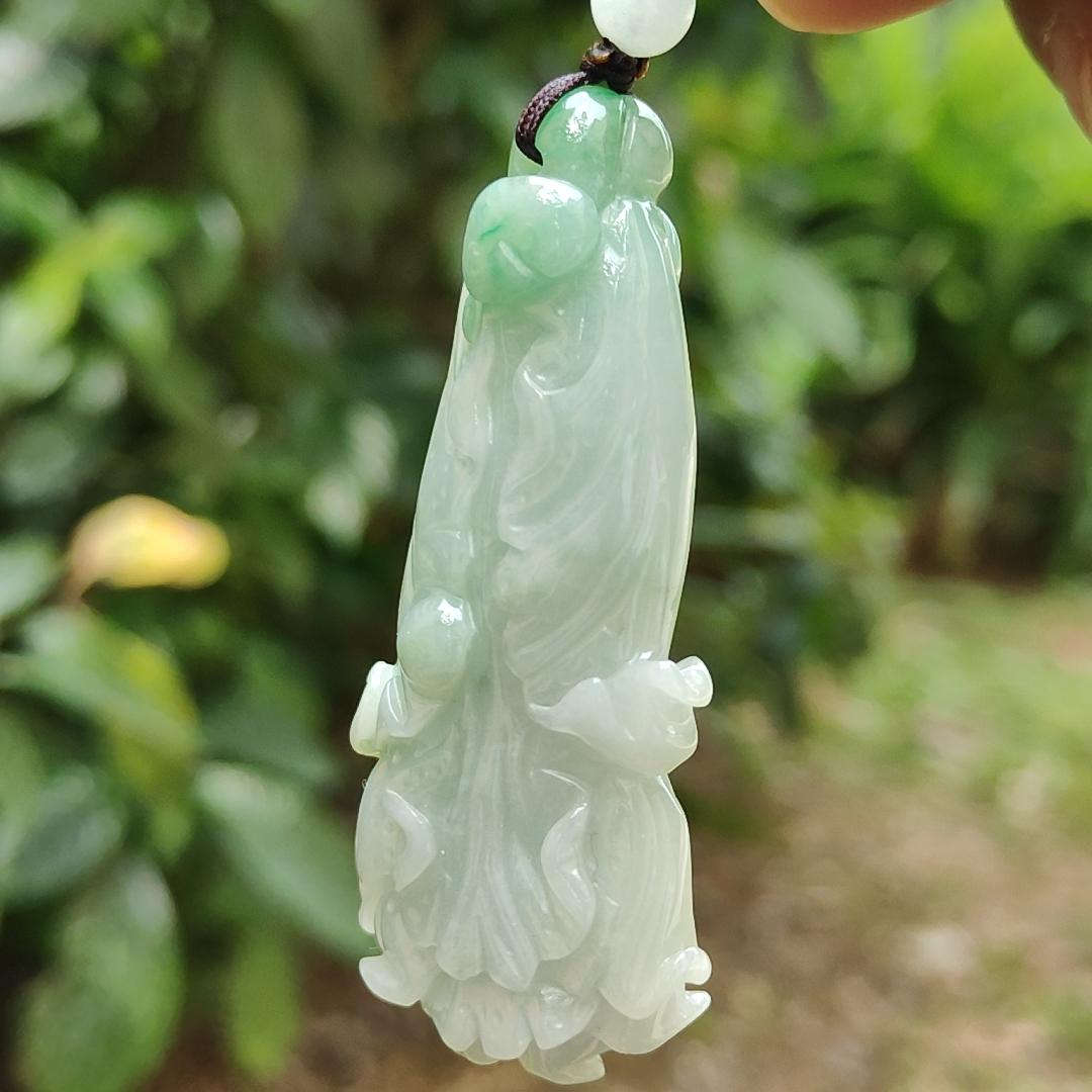 Good Quality Light Green Natural Type A Jadeite Jade crafted as Cabbage symbols of Lucks with Money as Pendant, certificate weighs 36.65 grams, measurement 62.5 * 28.6 * 13.1 mm (pendant267)