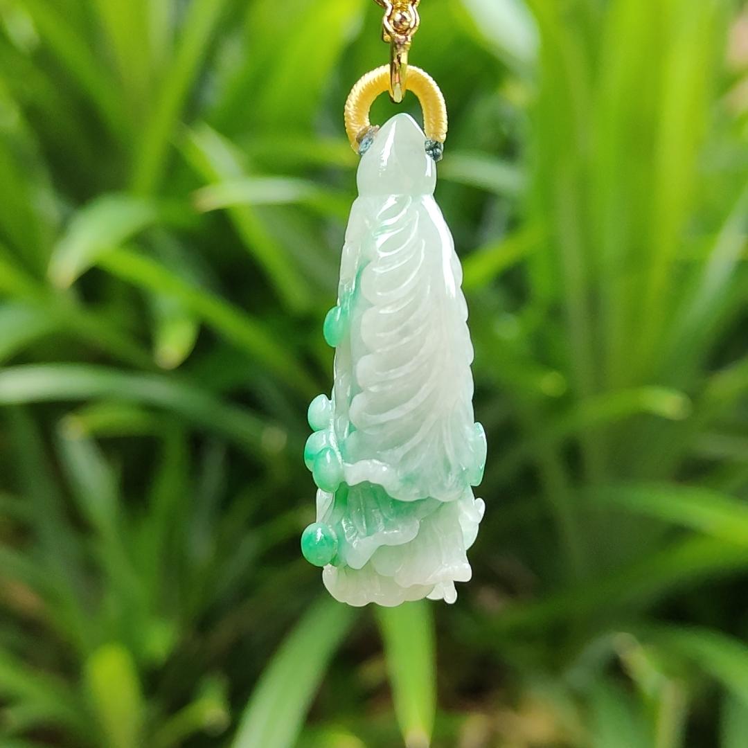 Rare Translucent Near White with Green Patches Natural Type A Jadeite pendant with NGI Gemstone report weight 72.19 grams, 44.87 * 20.83 * 14.52 mm carved as cabbage, with Gravity at 3.33 fine grain crystal aggregate suitable for daily wear (pendant127)