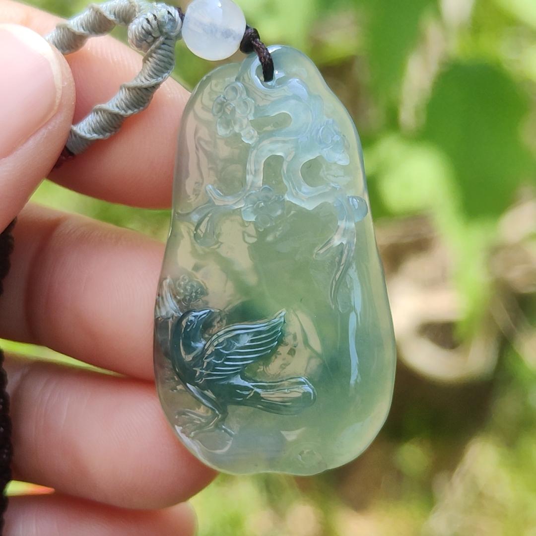 High Premium Quality Icy Green Natural Type A Jadeite Jade Pendant Necklace crafted with bird, flower and tree trunk, certificate included weigh 11.70 grams, measurement 40 * 23 * 6.3 mm (pendant187)