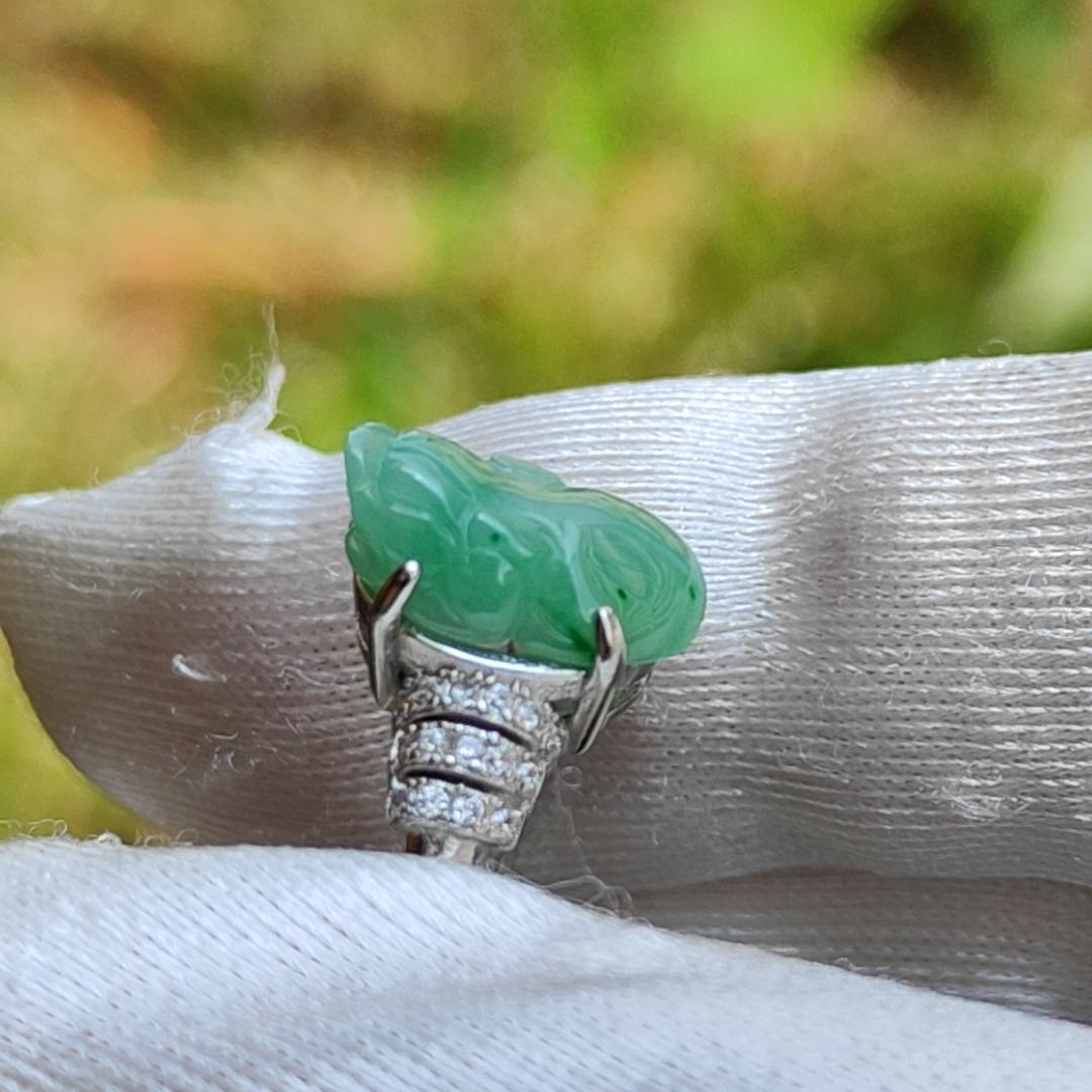 Green Natural Type A Jadeite Jade crafted with Pixiu set on adjustable S925 as a Ring with certificate weigh 2.6 grams, measurement 12.2 * 7 * 4.9 (s925ring9)