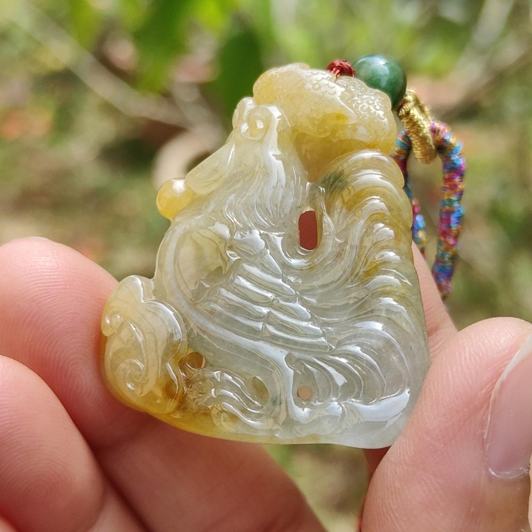 Premium Quality Yellow and Green Natural Type A Jadeite Jade crafted as Rooster with Ruyi as pendant necklace with certificate weigh 17.7 grams, measurement 41.6 * 34.8 * 7.5 mm (pendant208)