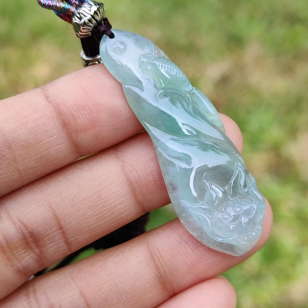 Icy Light Green Natural Type A Jadeite Jade Pendant Crafted with Fish and Lotus, certificate weigh 6.07 grams, measurement 46.3 * 15.8 * 5.5 mm (pendant191)