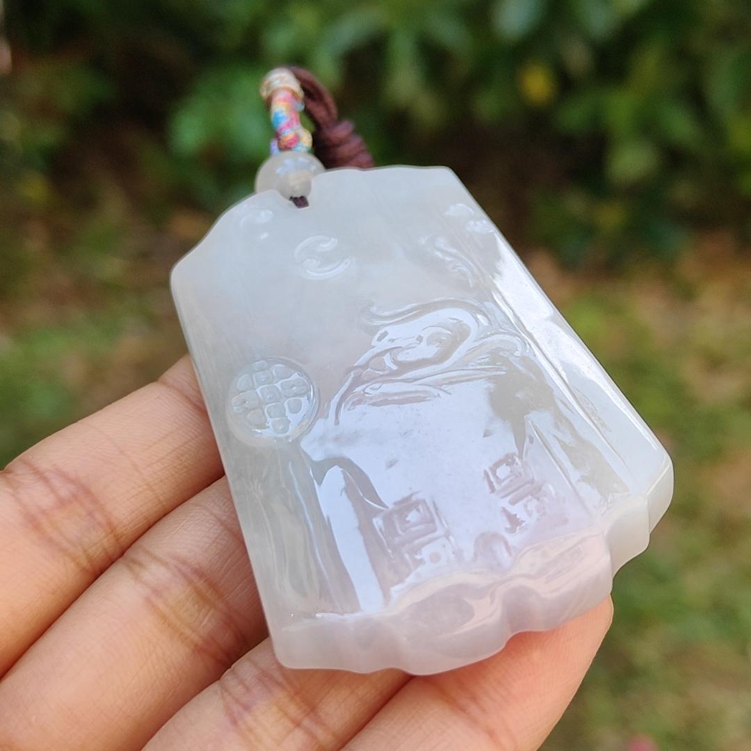 Hugh Light Lavender and Light Green  Natural Type A Jadeite Pendant Necklace crafted as Chinese Old School Style pendant with chinese poem at the back, certificate included weigh 54.38 grams, 66.2 * 39.2 * 8.2 mm, collectible or daily wear (pendant38)