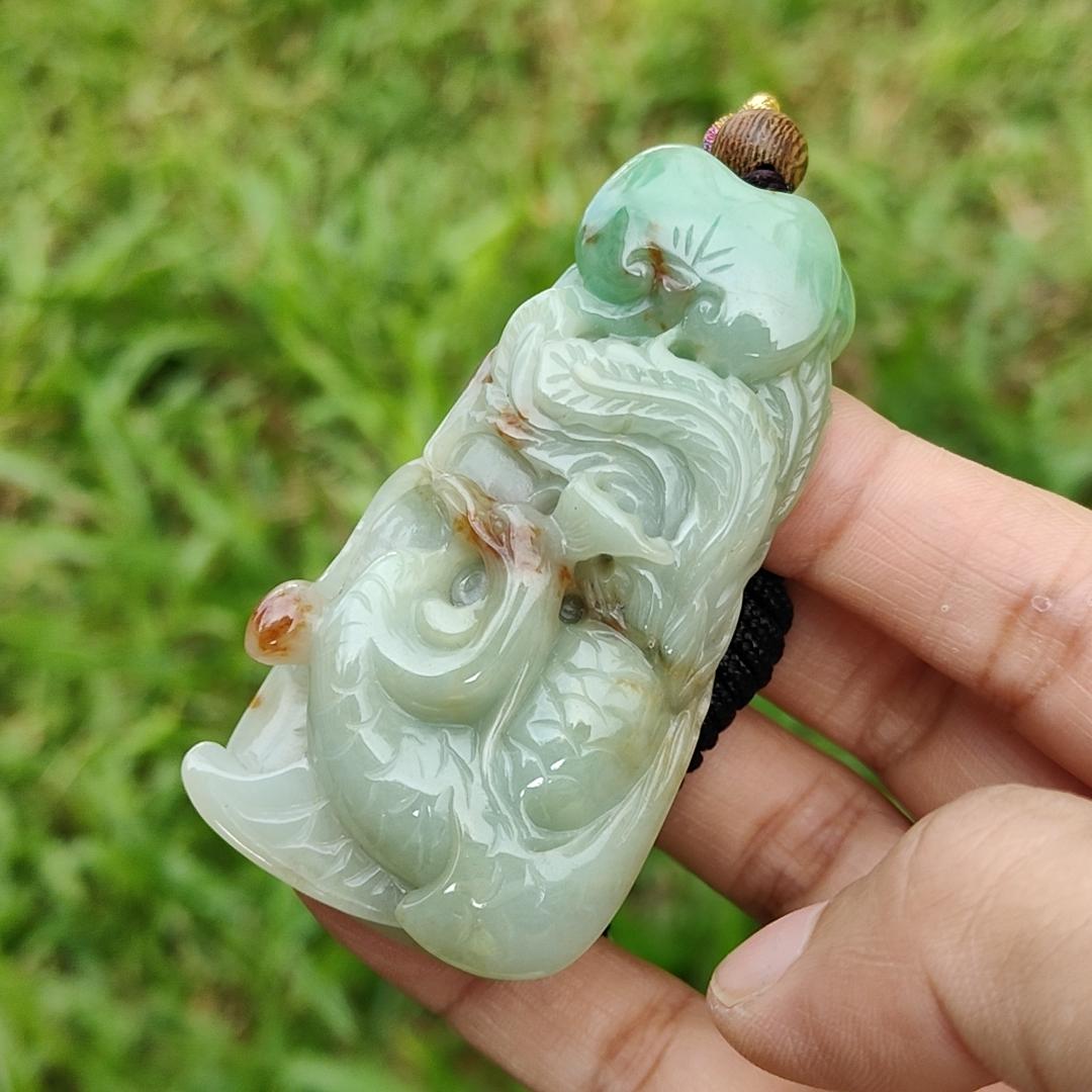 Green with Red Patches Natural Type A Jadeite Pendant Necklae Crafted with Old School Phoenix and ruyi with certificate weigh 50.24 grams, 67.7 * 35 * 11.8 mm, symbols of Good luck and a good life noble authority (pendant23)