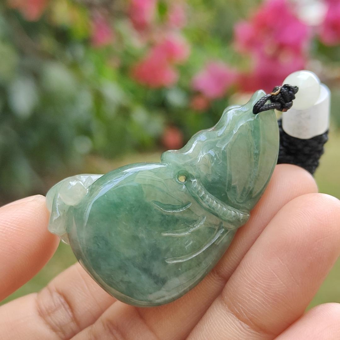 Dark Green Natural Type A Jadeite Jade crafted with Three legs toad on Money Pouch as Pendant with certificate weigh 26.67 grams, measurement 42 * 18.5 * 14 mm (pendant230)