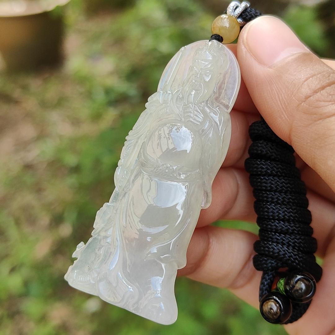 Premium Icy with good translucency Natural Type A Jadeite Pendant Necklace crafted as Guan Gong with certificate weigh 15.41 grams, 59.3 * 26 * 6.3 mm, (pendant31)