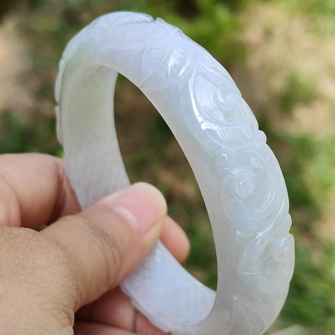 Light Lavender Natural Type A Jadeite Jade crafted with Pattern of Flowers with shape of Peace Bangle Bracelet , certificate weigh 60.82 grams, measurement 14 * 8.6 mm, Bangle Wrist Size: 56.5 mm (bangle6)