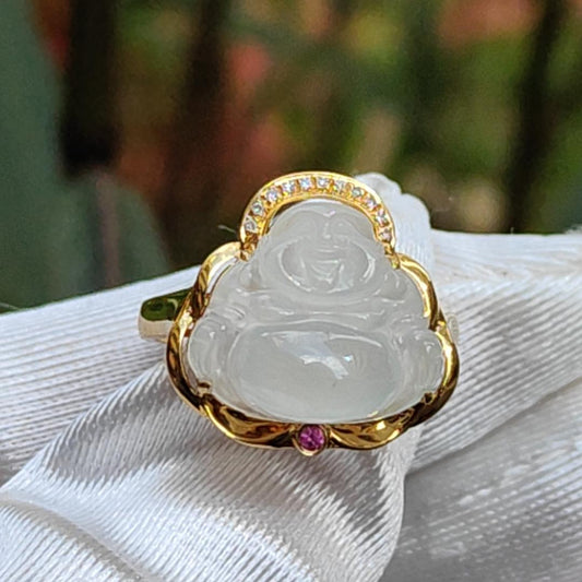 Premium Rare old pit Icy Natural Type A Jadeite Cabochon crafted as Laughing Buddha setting on G18K Gold as Ring with finger size 17.6mm, Certificate included weigh 3.23 grams, Jade measurement 12.8 * 14.8 * 4.1 mm (18kring5)