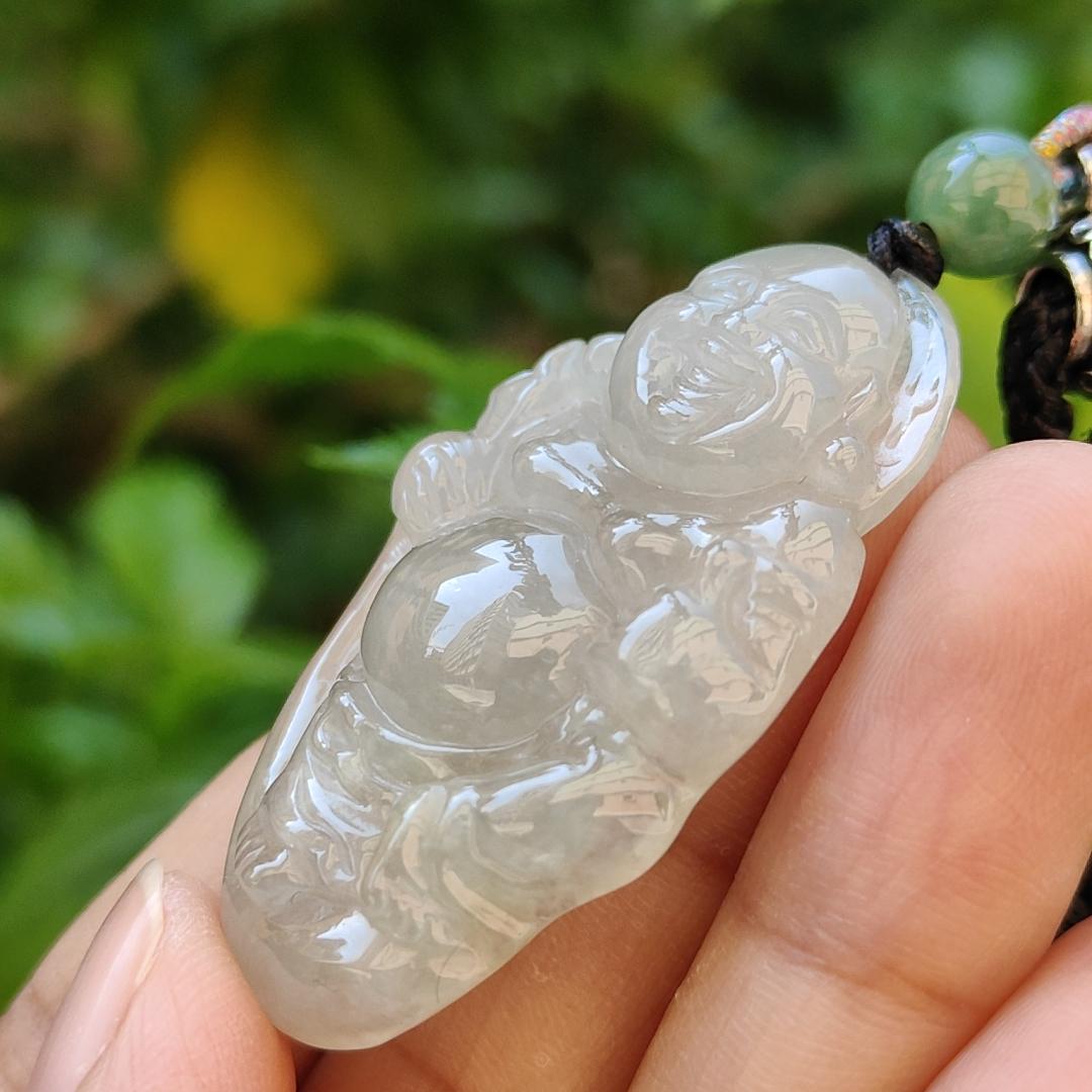 Semi Icy Milo Buddha Natural Type A Jadeite Pendant with certificate weighs 13.87 grams, 44.2 * 26.5 * 8.1 mm, milo represent The strength that can tolerate the things of the world represents the mind that can solve a thousand sorrows (pendant85)