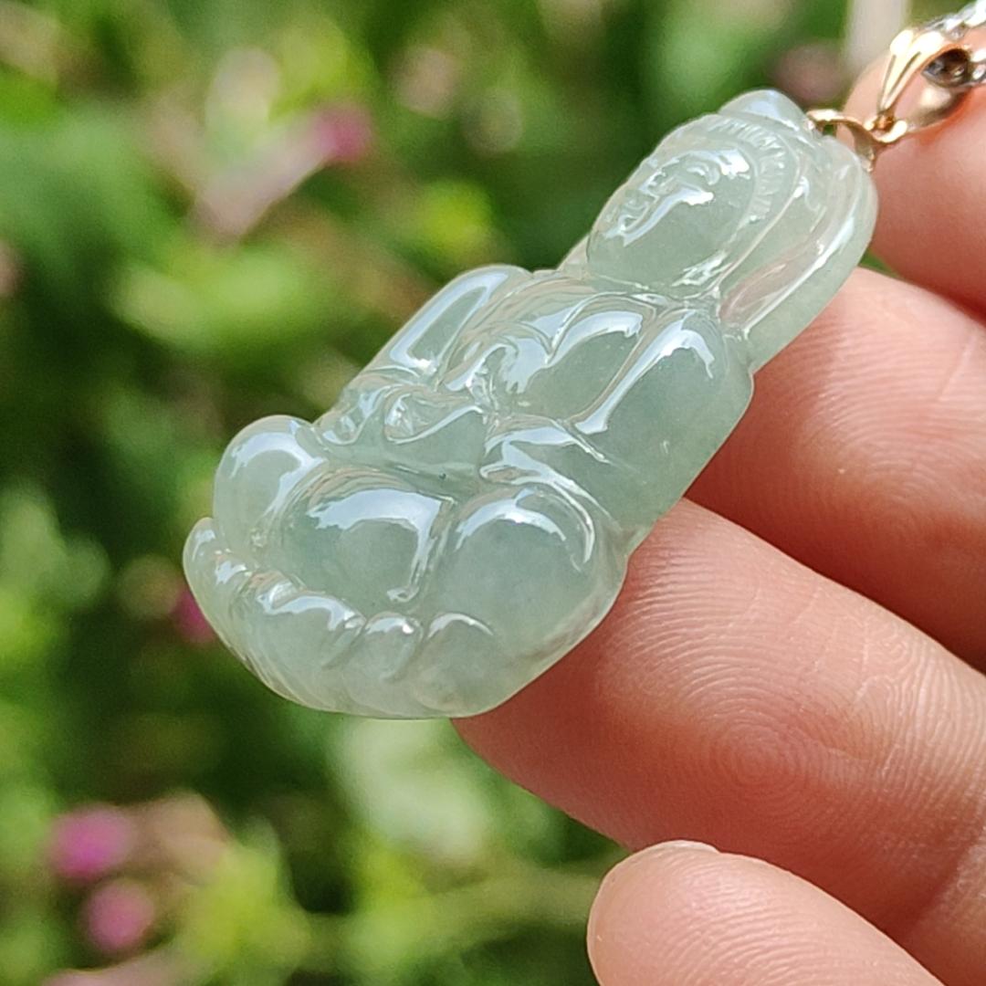 Light Green Good Translucent Natural Type A Jadeite Jade crafted with Guanyin 18k gold clasps as Pendant, certificate weighs 6.36 grams, measurement 32.2 * 21 * 5.8 mm (18kp49)