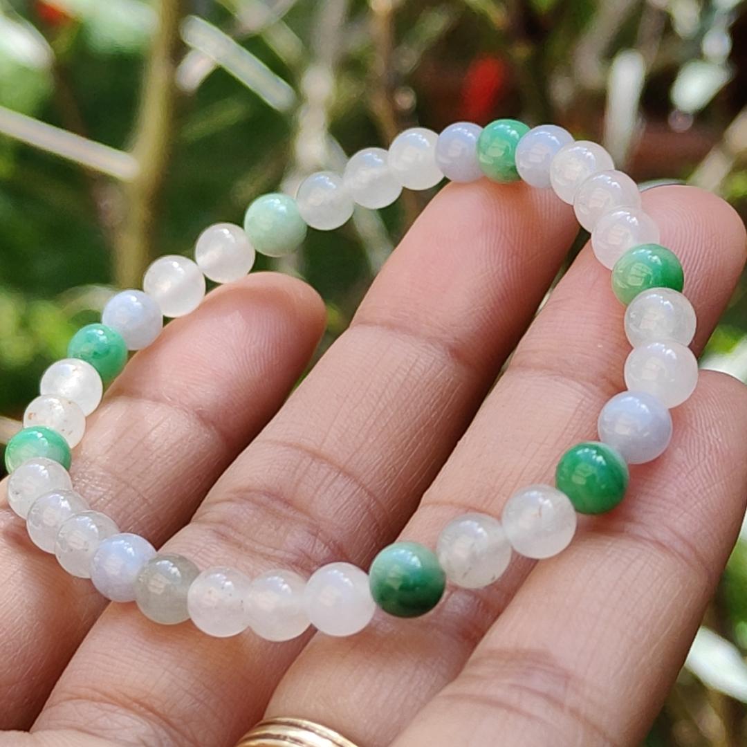 Mix with Green, Lavender and Icy Natural Type A Jadeite Jade 33 Beads with measurement of 5.5 mm bracelet, QIC labs approved certificate included weigh 9 grams (bracelet16)