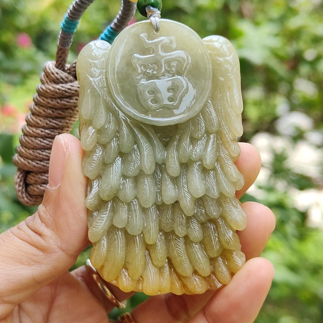 Super Rare Yellow with Light Green Hue Natural Type A Jadeite Jade crafted with shape of Lei Zhenzi as Pendant, certificate weighs 79.58 grams, measurement 69.8 * 42 * 19.5 (pendant257)