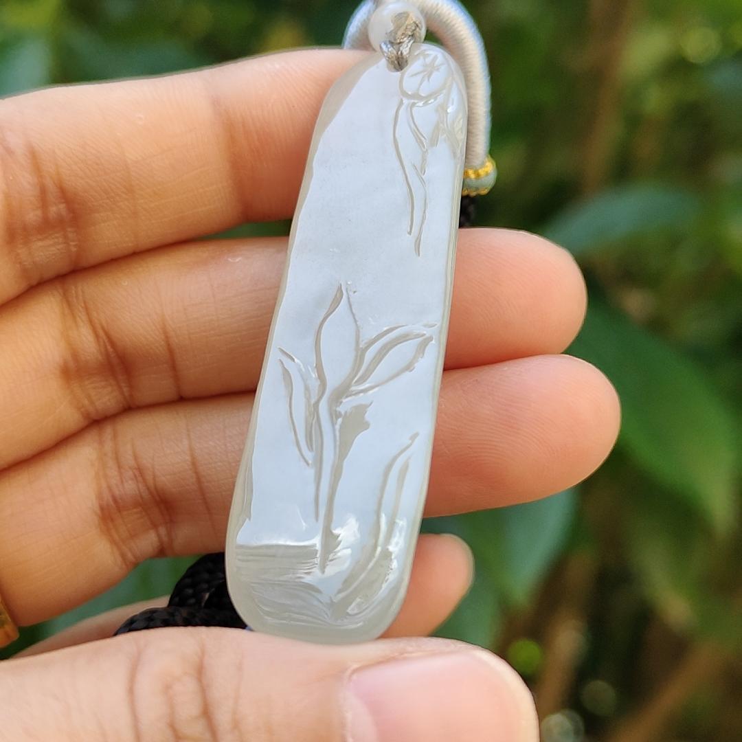 Semi Translucent Icy Natural Type A Jadeite Pendant carved with faceless buddha and lotus meaning Compassion and Wisdom , QIC labs approved certificate included weight 16.56 grams, 55.50 * 16.10 * 8.80 mm, very suitable for daily wear (pendant95)