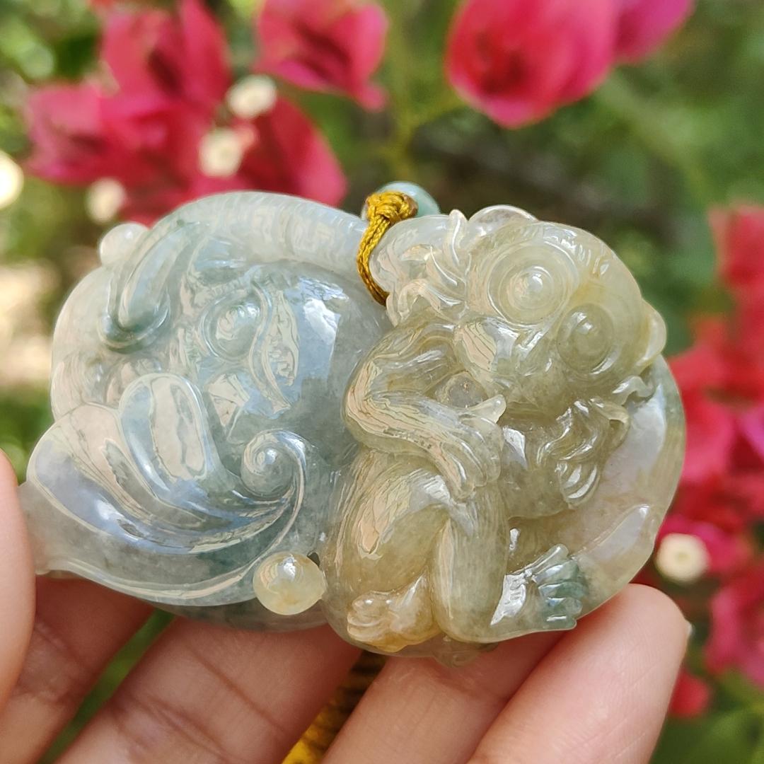 Light green and Yellow Natural Type A Jadeite Pendant, a rare collection carved with Monkey, Elephant and Ruyi, symbols of Wisdom, strength, authority, good luck and protection, certificate included weigh 47.85 grams, 55.7 * 36 * 13.8 mm (pendant74)