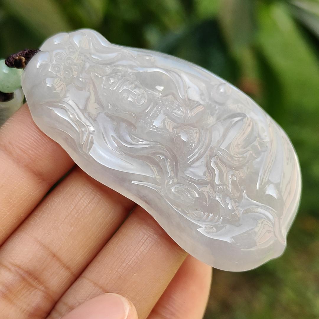 Semi Icy Rare Old School Natural Type A Jadeite Jade Pendant Necklace crafted as Manjushri Bodhisattva without Mount with certificate weigh 25.28 grams, 58 * 33.2 * 7.3 mm (pendant167)