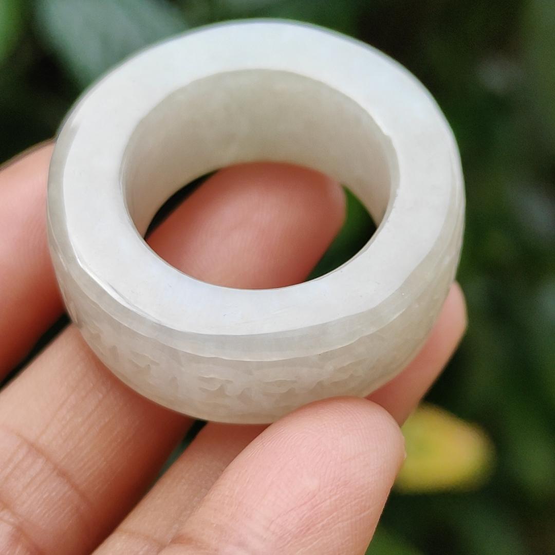 Quality White Natural Type A Jadeite Jade crafted with many coins as Ring with Finger size 21 mm, QIC approved labs certificate weigh 22.07 grams, measurement 12.5 * 6.7 mm (ring6)