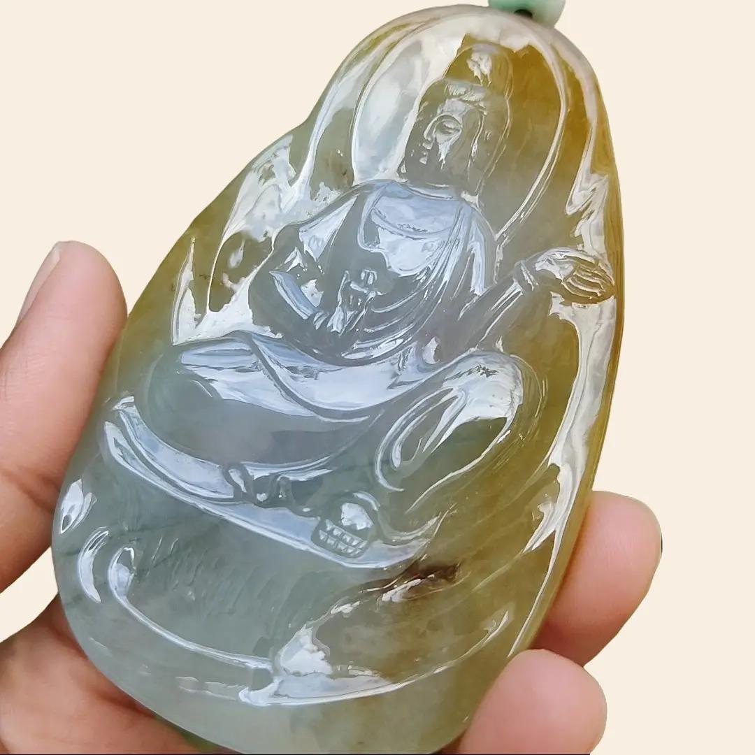 Hugh High Quality Light Green, Yellow Brown and Red Natural Type A Jadeite Jade crafted as Guanyin for Pendant, certificate weighs 79.47 grams, measurement 83.3 * 52.6 * 8.5 mm (pendant282)