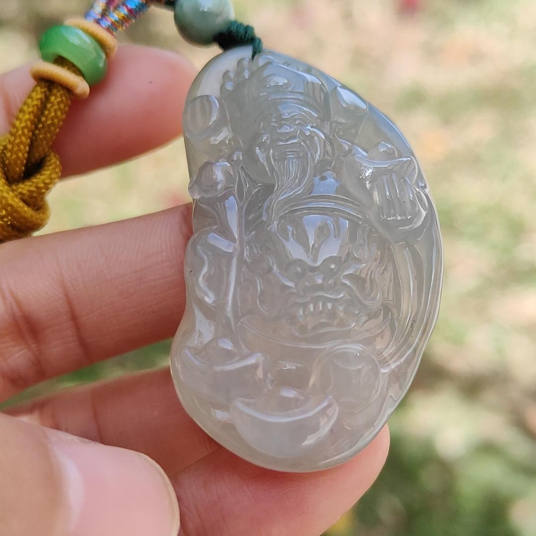 High Quality Icy Translucent Natural Type A Jadeite Jade crafted with God of Fortune as Pendant, certificate weighs 24.19 grams, measurement 48.8 * 27.3 * 10 mm (pendant274)