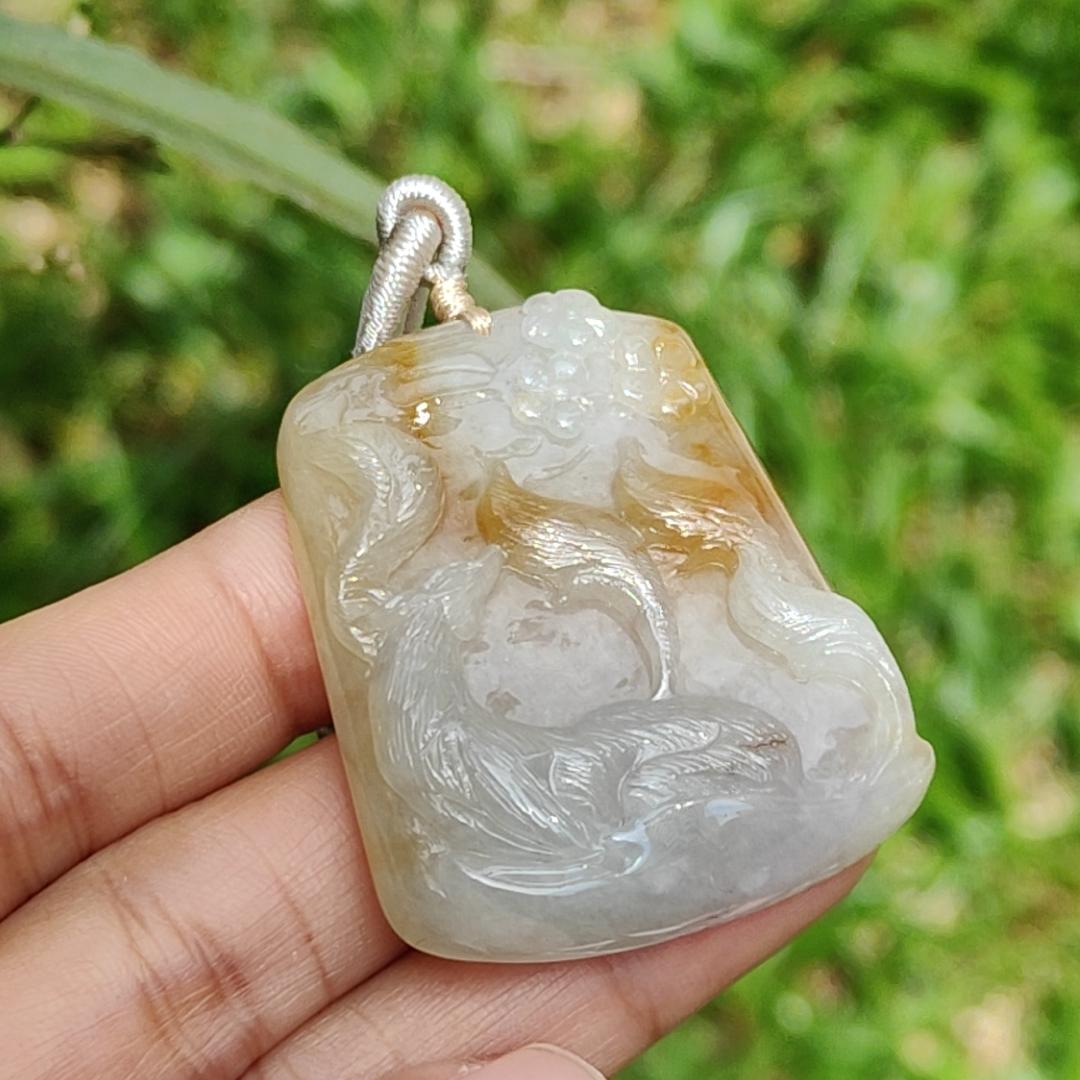 Yellow and White Semi Icy Natural Type A Jadeite Pendant Necklace crafted with nine tail fox symbols of Love, Charisma, and Good Luck, GIC Labs approved certificate included weigh 32.9 grams, 44 * 36 * 9 mm, suitable for daily wear