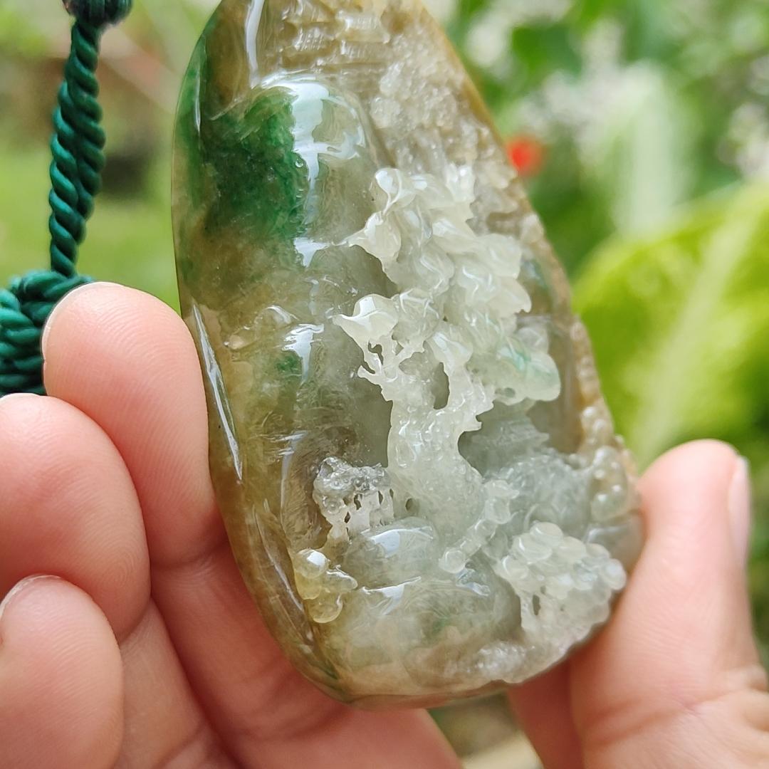 Hugh, Rare, High-Quality Brown with Light Green Natural Type A Jadeite Jade crafted with Sceneries as Pendant, certificate weighs 67.2 * 43.3 * 19.3 mm (pendant266)