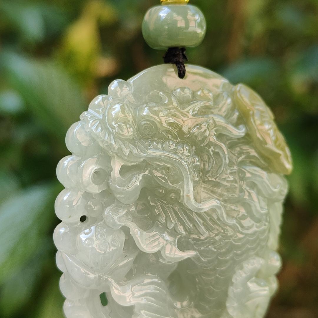 Tea Green Yellow Natural Type A Jadeite Pendant Carved as Dragon Head Fish Body meaning Prosperity, wealth and happiness with certificate weighs 49.67 grams, 62.60 * 43.50 * 12.10 mm (pendant93)