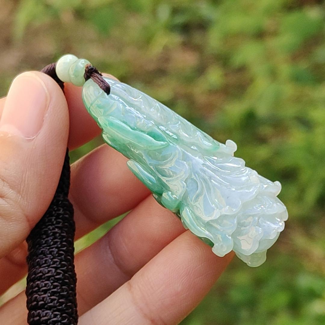 Lots Of Green on this Natural Type A Jadeite Pendant Necklace Crafted as Chinese Cabbage with Ruyi, Symbols of Wealth rolling in, good luck and prosperity, certificate included weigh 15.27 grams, 47.9 * 19.6 * 14.8 mm, (pendant30)