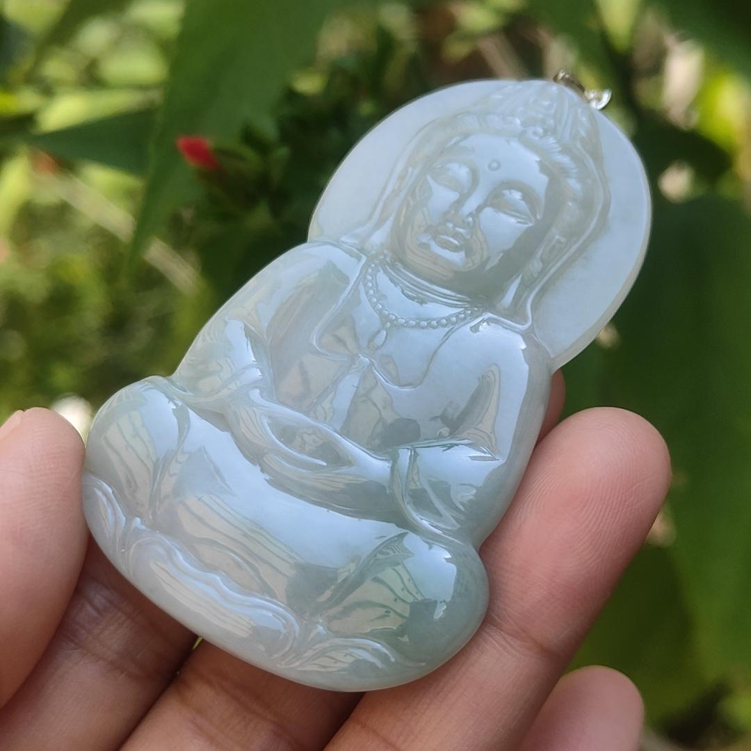 Old school Light Green Natural Type A Jadeite Jade Pendant Necklace Crafted as Guanyin with certificate weigh 33.21 grams, measurement 66 * 42.7 * 6.8 mm (pendant188)