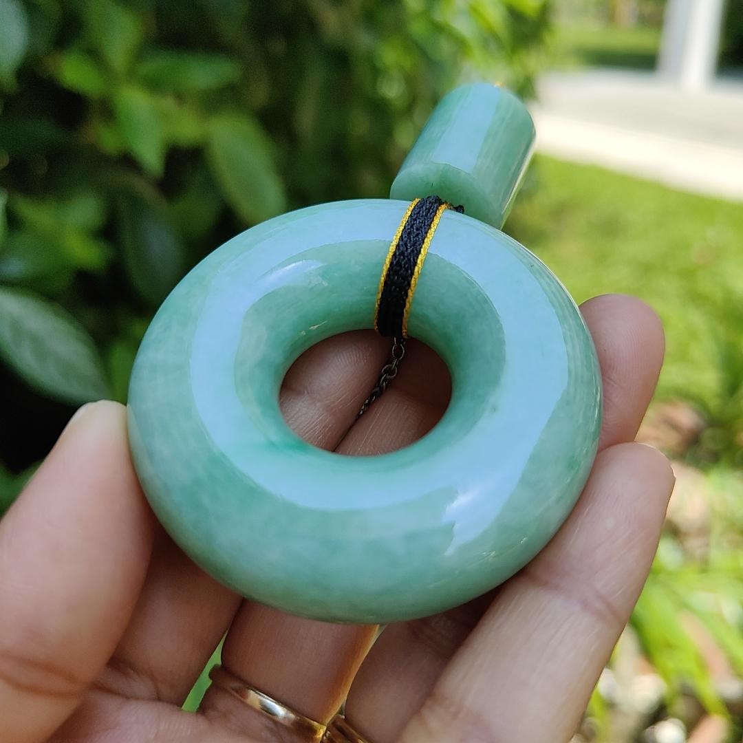 Hugh Light Green crafted with Shape of Donut and Cylinder Natural Type A Jadeite Jade as Pendant, certificate weighs 73.85 and 12.55 grams, measurements 52.8 * 52.7 * 14.3, 19.1 * 16.3 mm (pendant290)