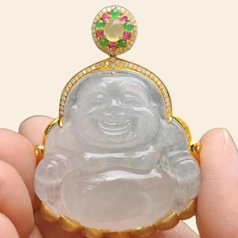 Premium Icy Translucent Natural Type A Jadeite Jade crafted as Milo Buddha set on 18k gold with diamonds as Pendant, certificate weighs 26.07 grams, measurement 38.8 * 40 * 7.2 mm, (18kp41)