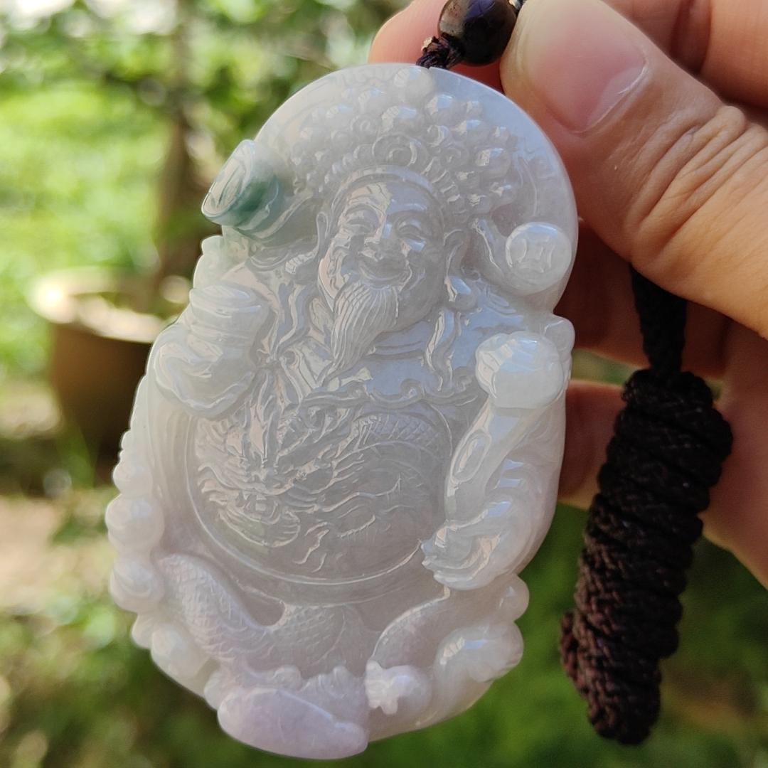 Premium Quality Lavender and Green Natural Type A Jadeite Pendant Necklace crafted with Big Fortune God Holding Ruyi with certificate weigh 77.38 grams, 70 * 47 * 11.8 mm (pendant35)