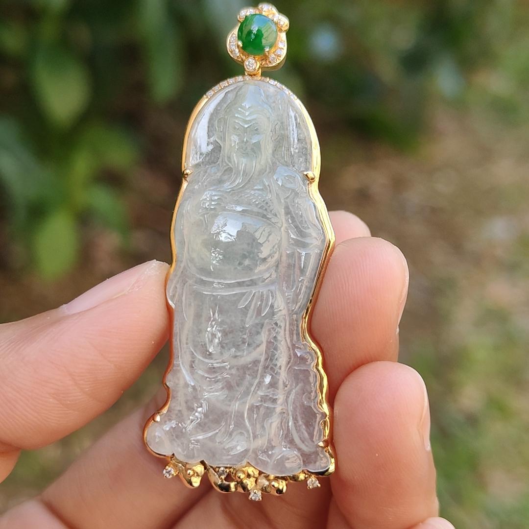 High Quality Light Green and Green Cabochon Icy Translucent Natural Type A Jadeite Jade crafted as Guan Gong set on 18k Gold as Pendant, certificate weighs 8.07 grams, measurement 57.2 * 22.7 * 5.8 mm (18kp46)