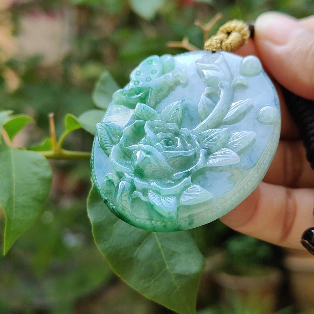 Green with green patches Natural Type A Jadeite Pendant carved with Butterfly and flowers represents Sweet Love with happy marriage, wealthy with flowers blooming and mutual love, certificate weigh 26.02 g, 49.3 * 40.6 * 6.8 mm (pendant84)