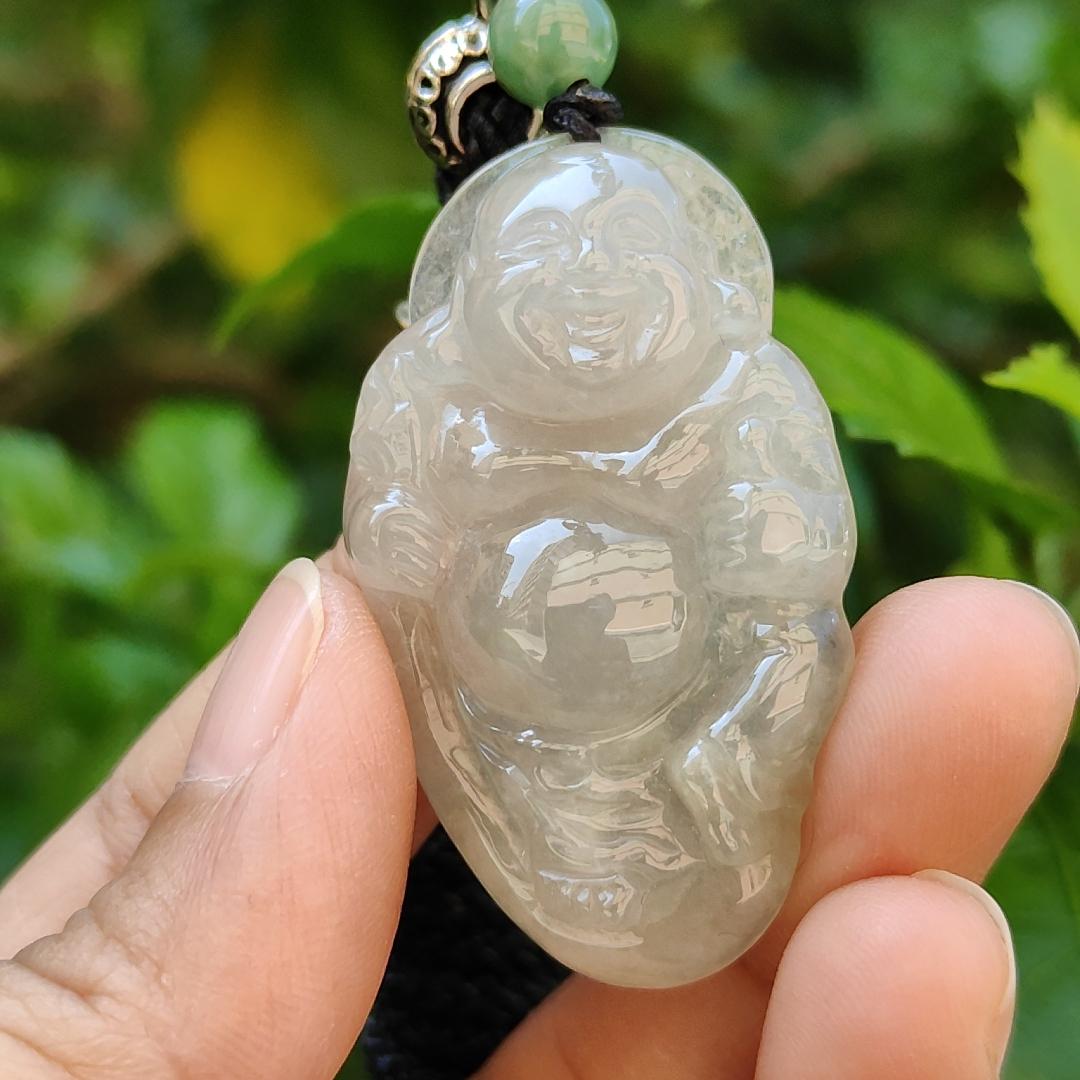 Semi Icy Milo Buddha Natural Type A Jadeite Pendant with certificate weighs 13.87 grams, 44.2 * 26.5 * 8.1 mm, milo represent The strength that can tolerate the things of the world represents the mind that can solve a thousand sorrows (pendant85)