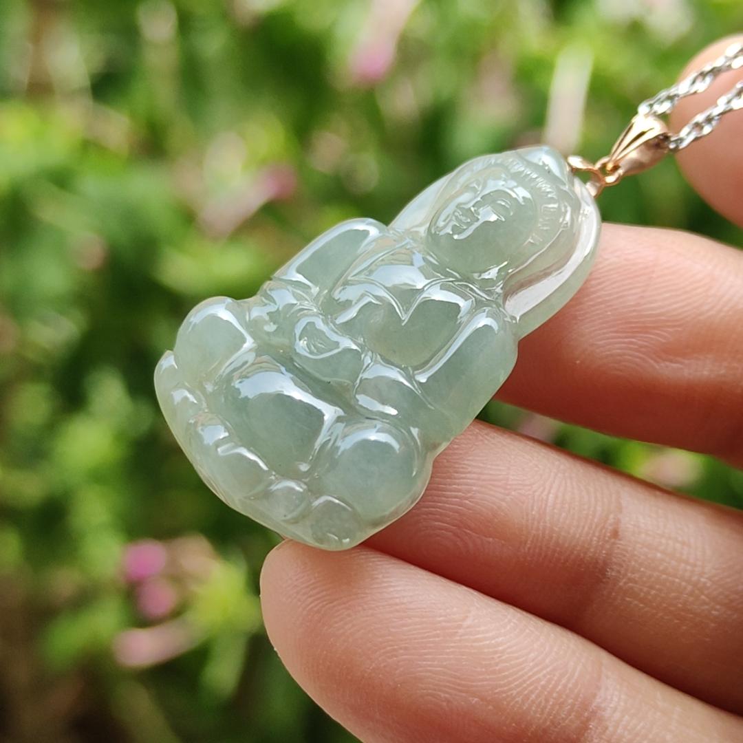 Light Green Good Translucent Natural Type A Jadeite Jade crafted with Guanyin 18k gold clasps as Pendant, certificate weighs 6.36 grams, measurement 32.2 * 21 * 5.8 mm (18kp49)