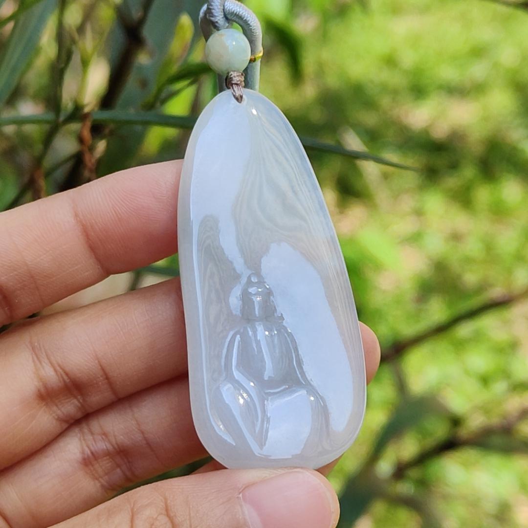 Crafted as the faceless buddha Semi Icy Natural Type A Jadeite Pendant Necklace with certificate weigh 14.03 grams, 58 * 26 * 4.9 mm, suitable for daily wear