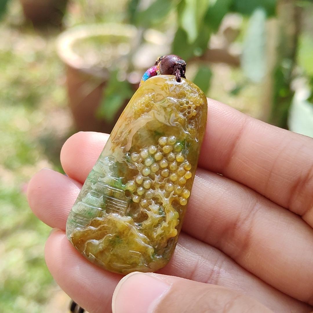 Rare quality Yellow with reddish brown and green Natural Type A Jadeite Jade crafted with sceneries as pendant, certificate weigh 11.38 grams, measurement 45.6 * 24.3 * 5.2 mm (pendant216)