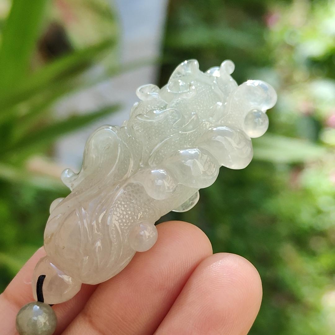 High-Quality Icy Translucent with Light Green Natural Type A Jadeite Jade crafted as Cabbage, Pendant certificate weighs 24.55 grams, measurement 56.3 * 24.6 * 12.6 (pendant272)