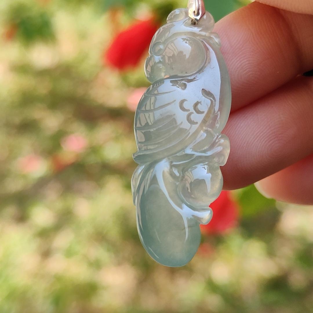 Premium Old Pit Rare Green Hue Icy Translucent Natural Type A Jadeite Jade crafted with Parrot as Pendant for the collectors, certificate weigh 6.25 grams, measurement 41.6 * 15.2 * 6.5 mm (pendant213)