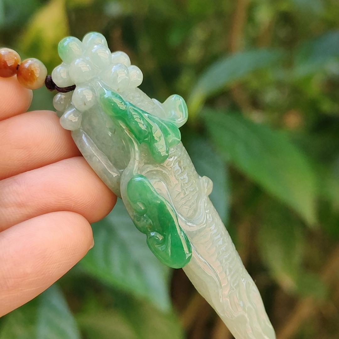 With Green and Light Green Ginseng Ruyi Natural Type A Jadeite pendant come with certificate weight 40.59 grams, 72.30 * 24.80 * 20 mm meaning Auspicious, representing good luck, happiness, joy, and wealth boosting you wearing it (pendant97)