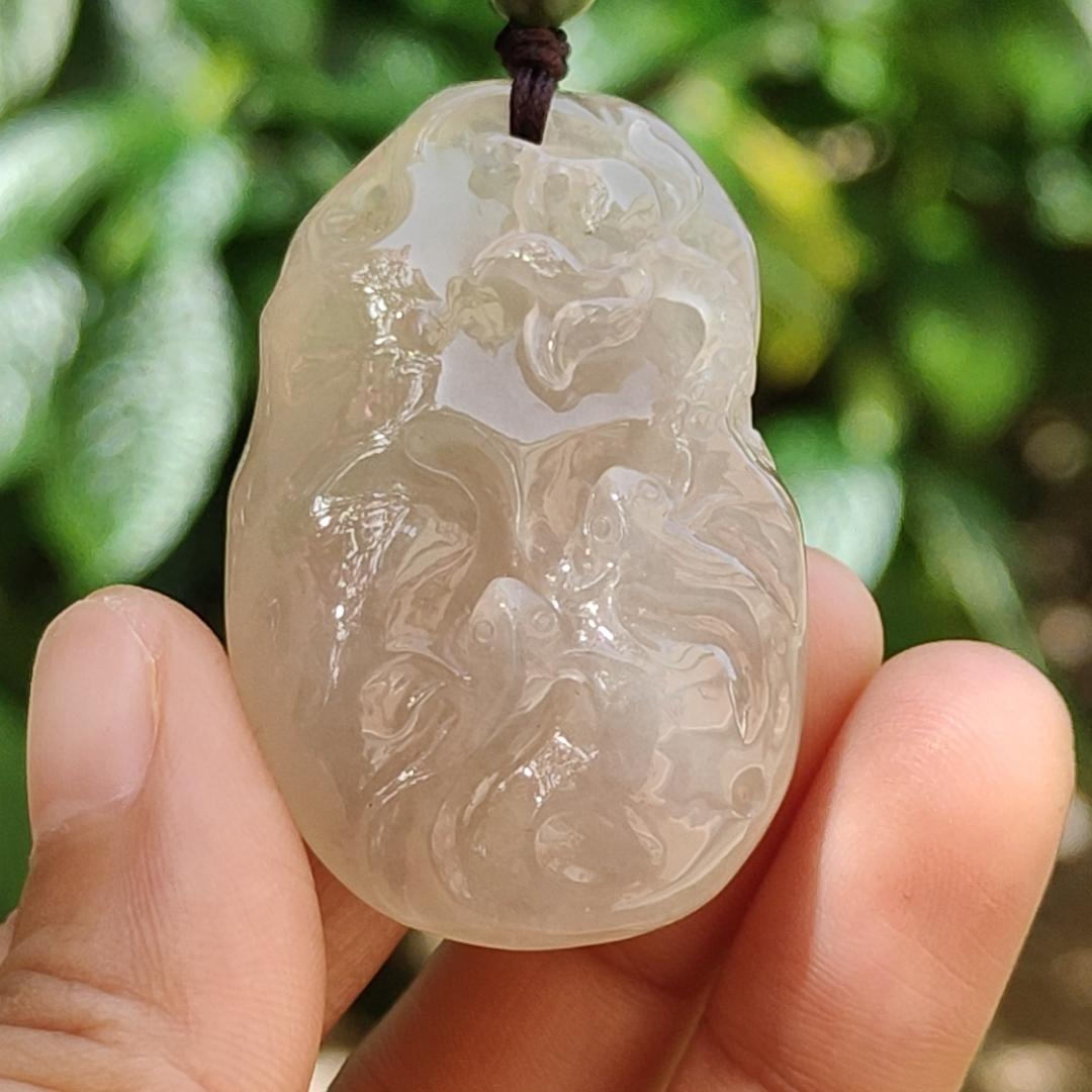 Premium High Quality Old Pit Natural Type A Jadeite Jade crafted with fish and Lotus as Pendant, certificate weigh 25.4 grams, measurement 44.2 * 28.5 * 12.3mm (pendant243)