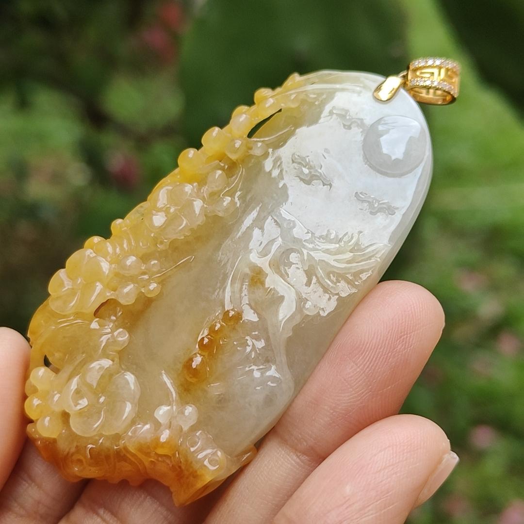 Very Rare Orange Yellow Natural Type A Jadeite Jade crafted with Deer added with 18k Gold Clasp as Pendant, certificate weighs 33.26 grams, measurement 64.8 * 35.2 * 8.5 mm (18kp48)